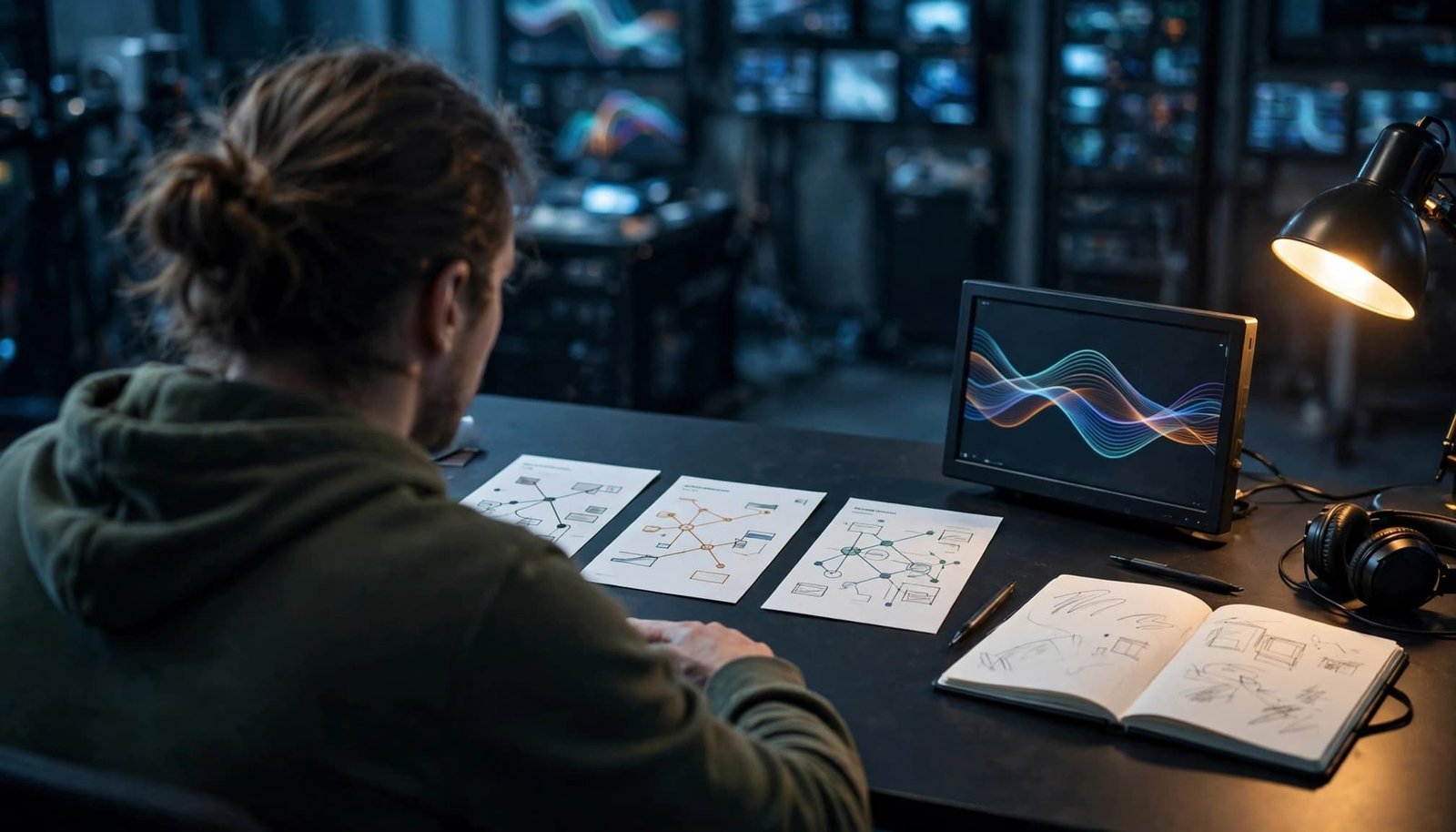 An engineer reviews trace cards beside a notebook and monitor in a secure workspace.
