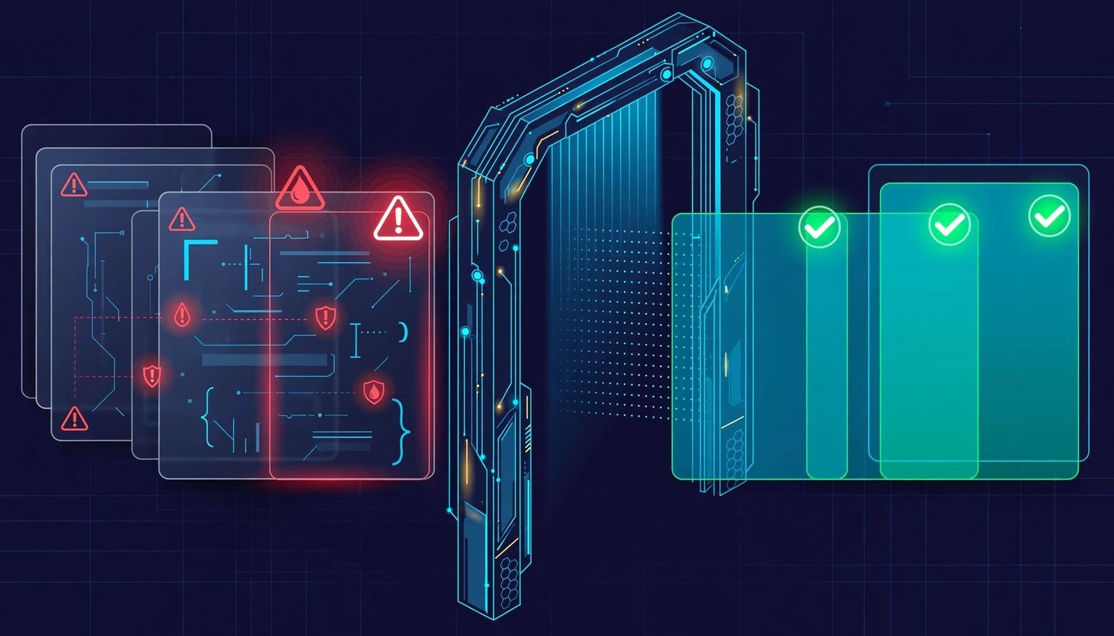 Code-like cards pass through a security gate with red warnings and green checks.