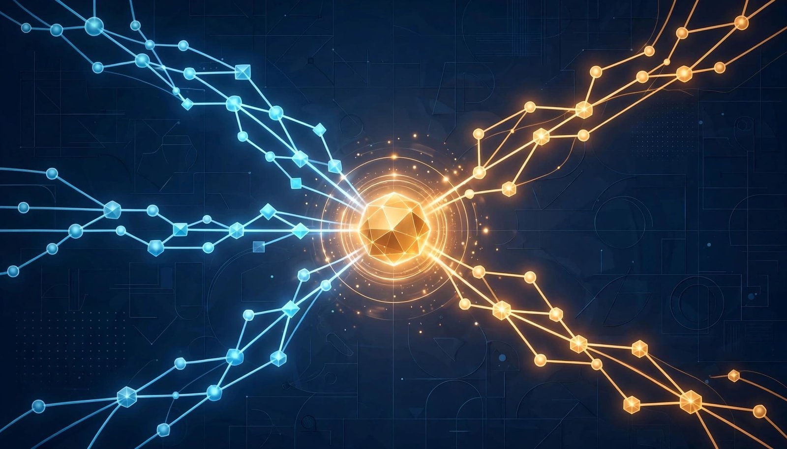 Blue and amber paths merge at a glowing central answer node.
