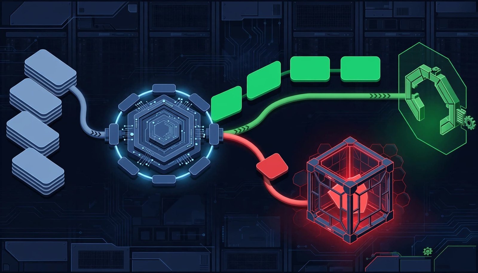A red message is quarantined while a green task moves toward an isolated tool gateway.