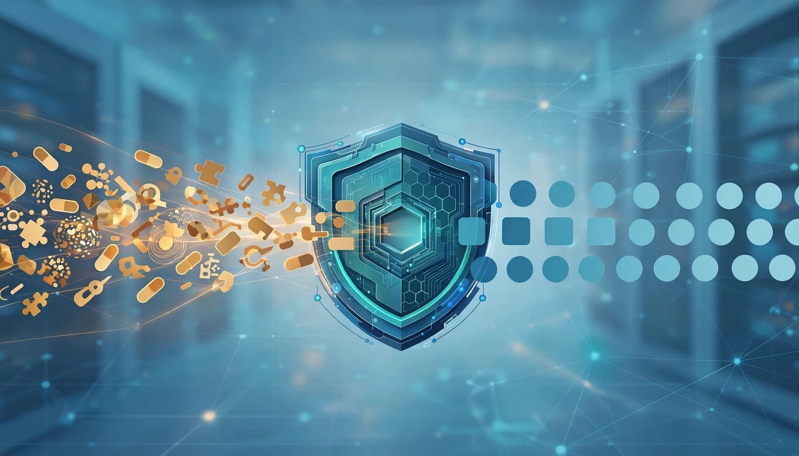 Data tokens pass through a shield-shaped filter and emerge as neutral placeholders.