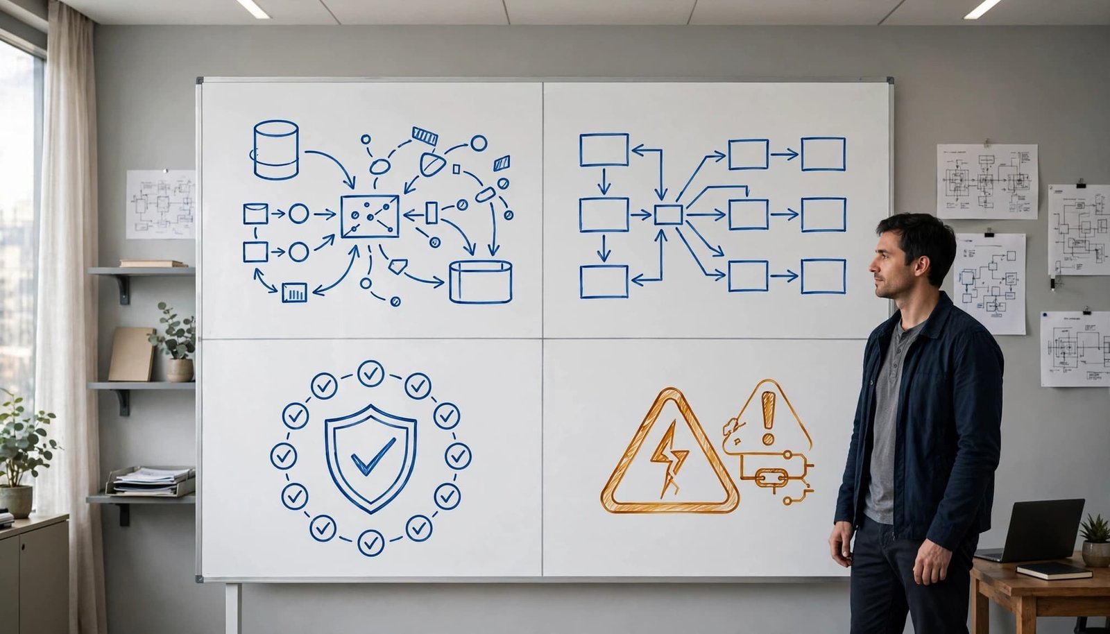 An engineer stands beside a whiteboard divided into four workflow sections.