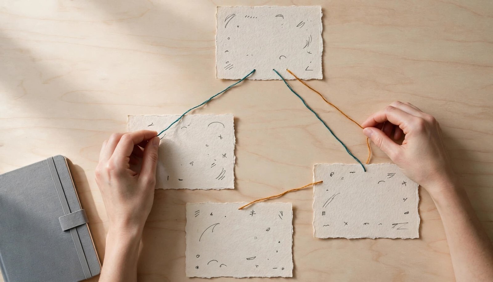 Two hands connect four paper cards with teal and amber thread beside a closed notebook.